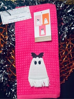 3 Halloween Kitchen Towels Ghost Applique Bright & Light Pink Orange Waffle